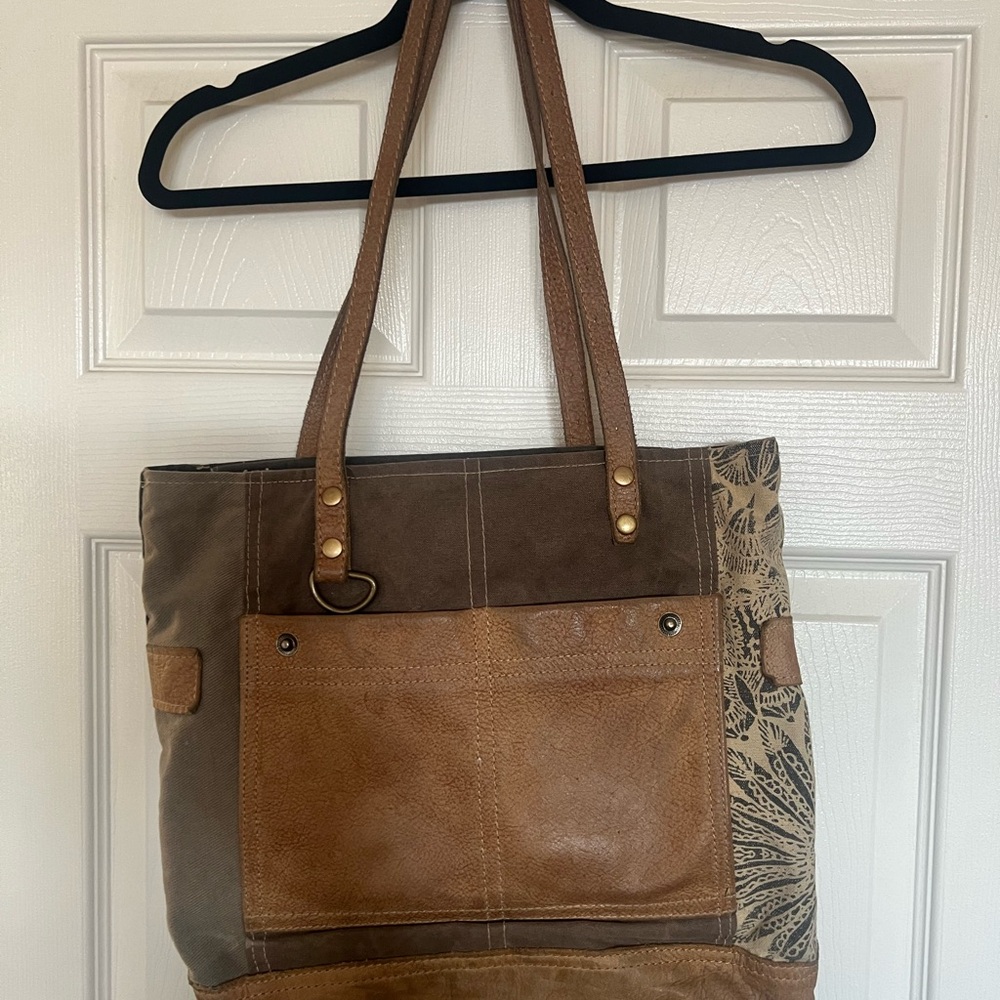 Leather Accent Brown Canvas Tote Bag